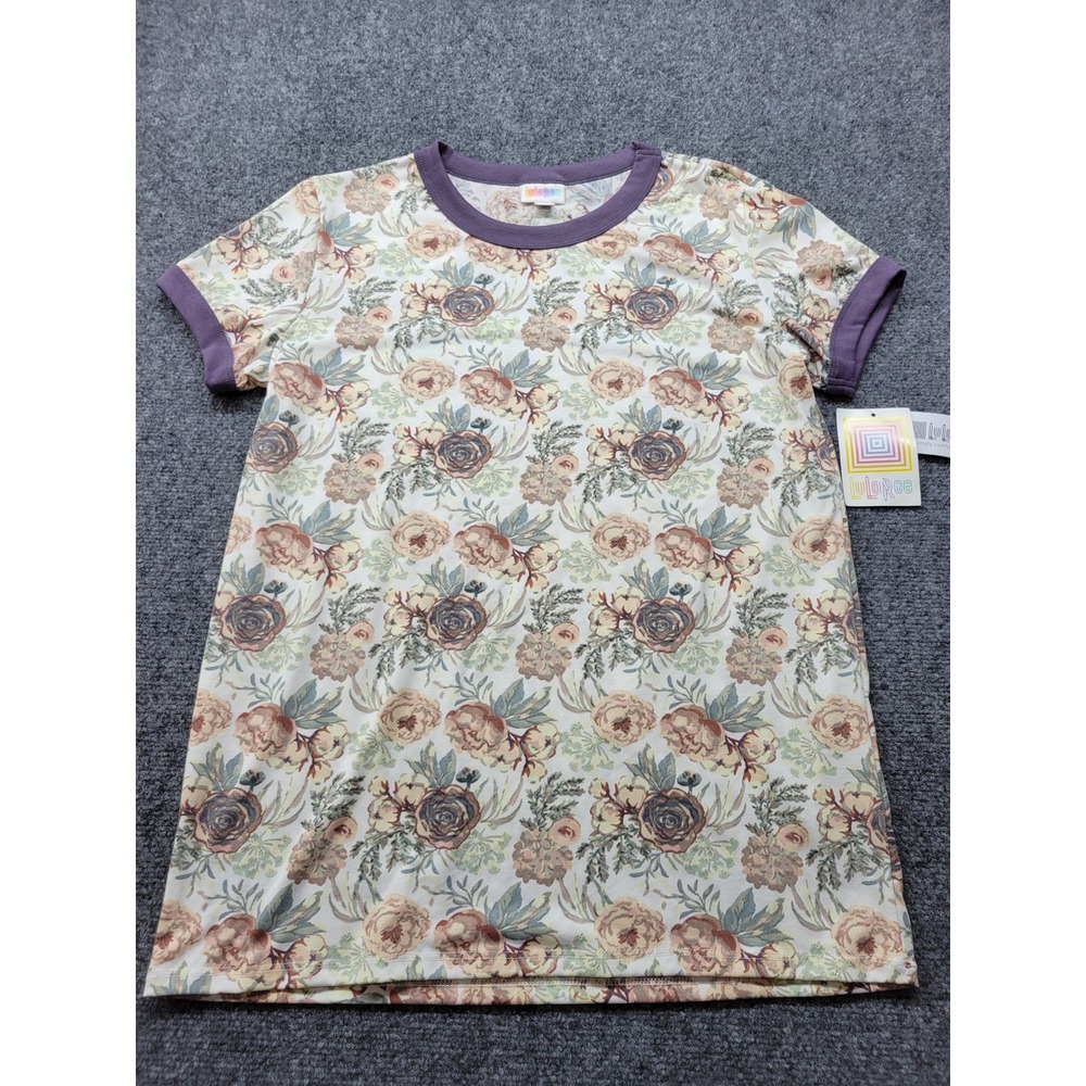 LuLaRoe Jane Ringer Tee Womens Medium Floral Print Purple Trim Short Sleeve New
